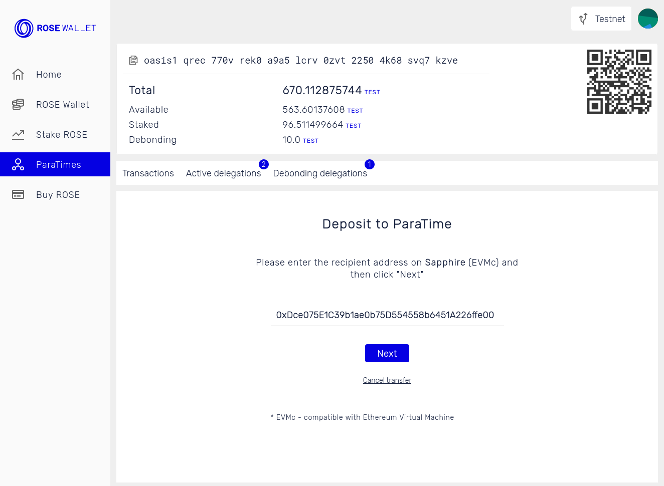 Deposit tokens: Recipient address